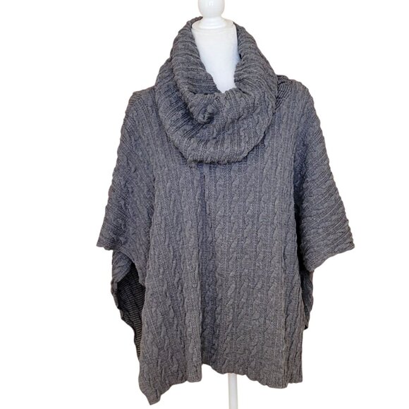 Dylan Boho Chunky Cable Knit Turtleneck Sweater Poncho Shrug Cape Hooded Gray - Picture 5 of 15